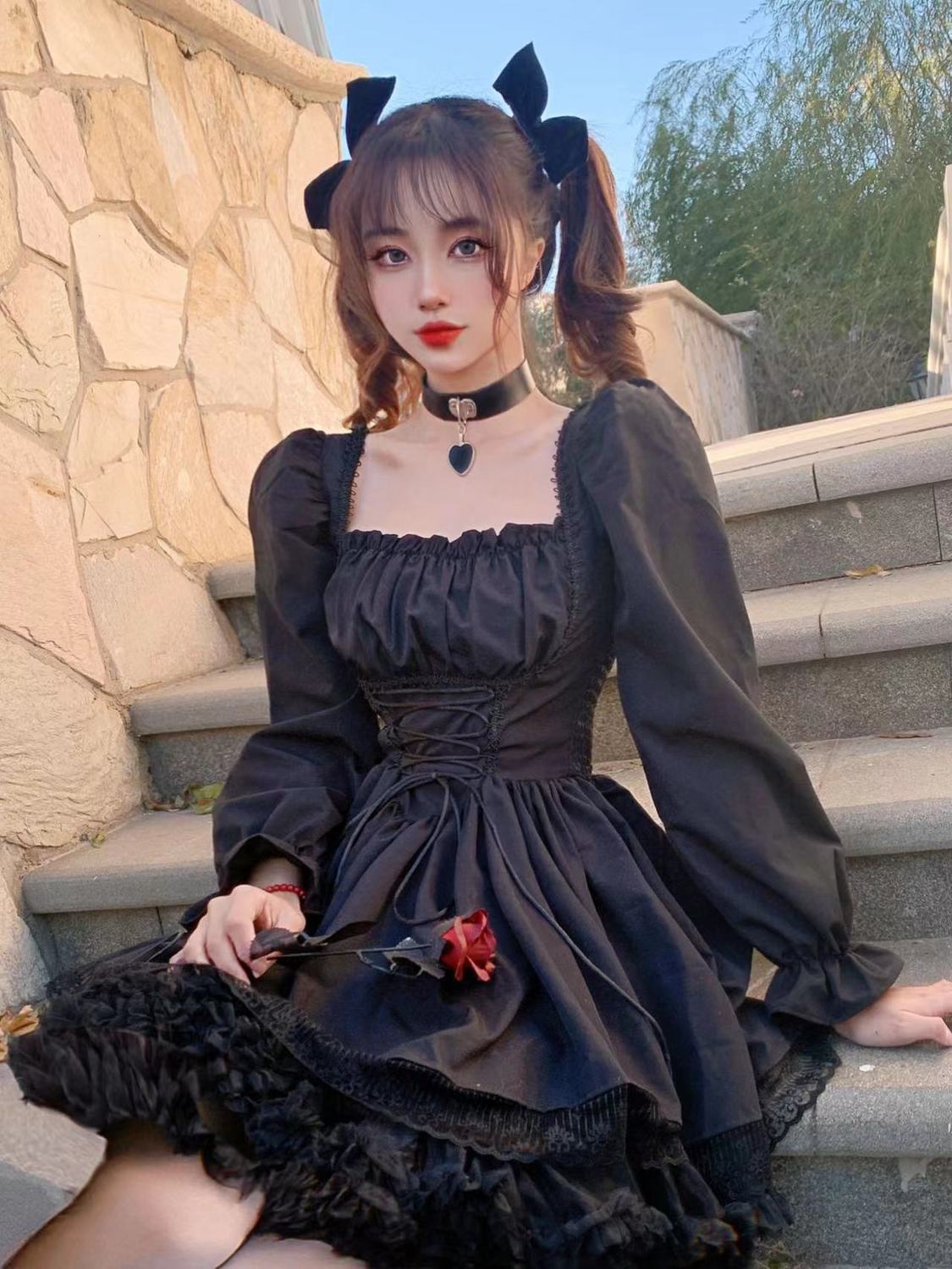 sixsr Womens New Trends White Lolita Dress Kawaii Vinatge Long Sleeve Mini Dresses Black Gothic Bandage Lace Patchwork Streetwear Square Collar