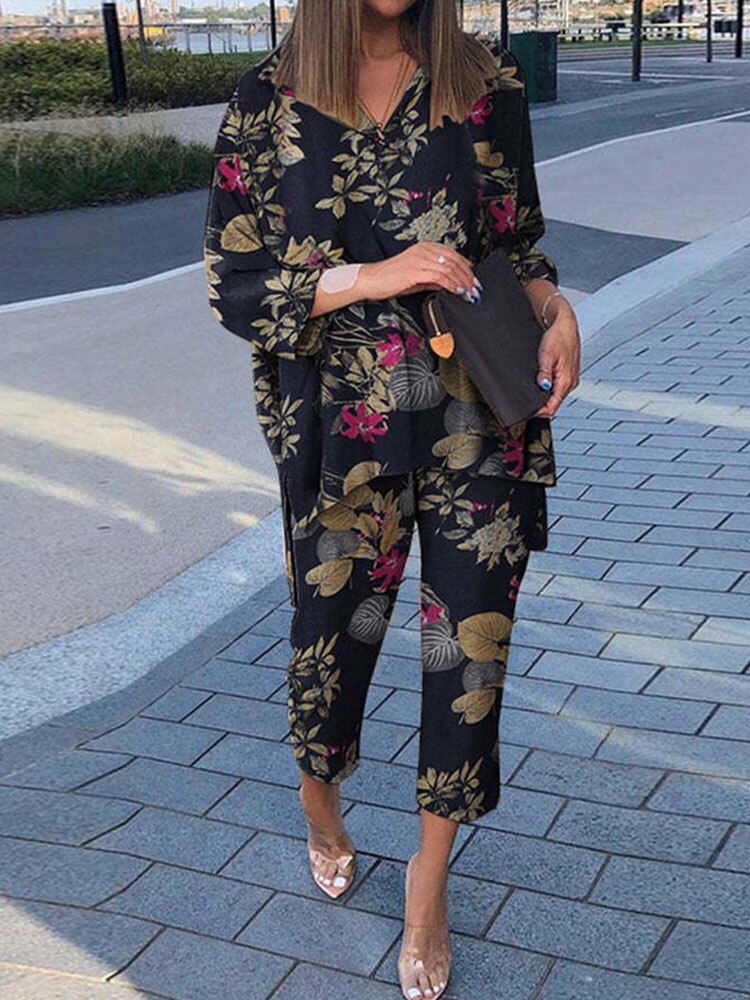 sixsr Summer Outfits Vintage Floral Print Casual Outfits Women Summer Long Sleeve Blouse And Pants Sets Cotton Linen Female Elegant Two Piece Suits