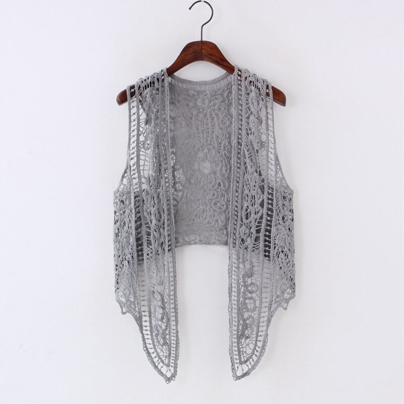 sixsr Asymmetric Open Stitch Cardigan Summer Beach Boho Hippie People Style Crochet Knit Embroidery Blouse sleeveless Vest