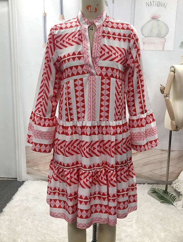 V neck Swing Women Daily Cotton Bell Sleeve Printed Tribal Summer Dress