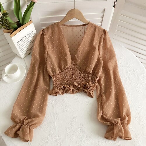Sixsr Women Fashion Spring Women Sweet Spot Blouse Ladies Fashion Chiffon Pullover Shirt V-neck Slim Long Puff Sleeve Folds Tunic Short Top