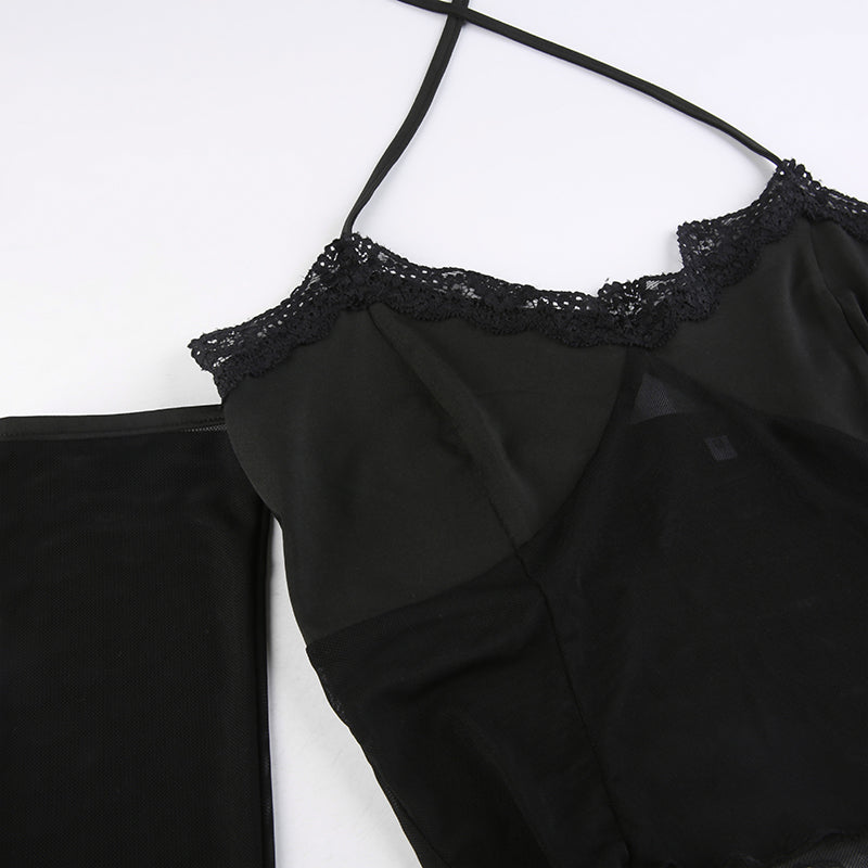 sixsr Hot Sell Slash Neck Sexy Black Mesh T-Shirts Women Lace Patchwork Rave Goth Clubwear Backless Halter Tie Up Spaghetti Strap Tops