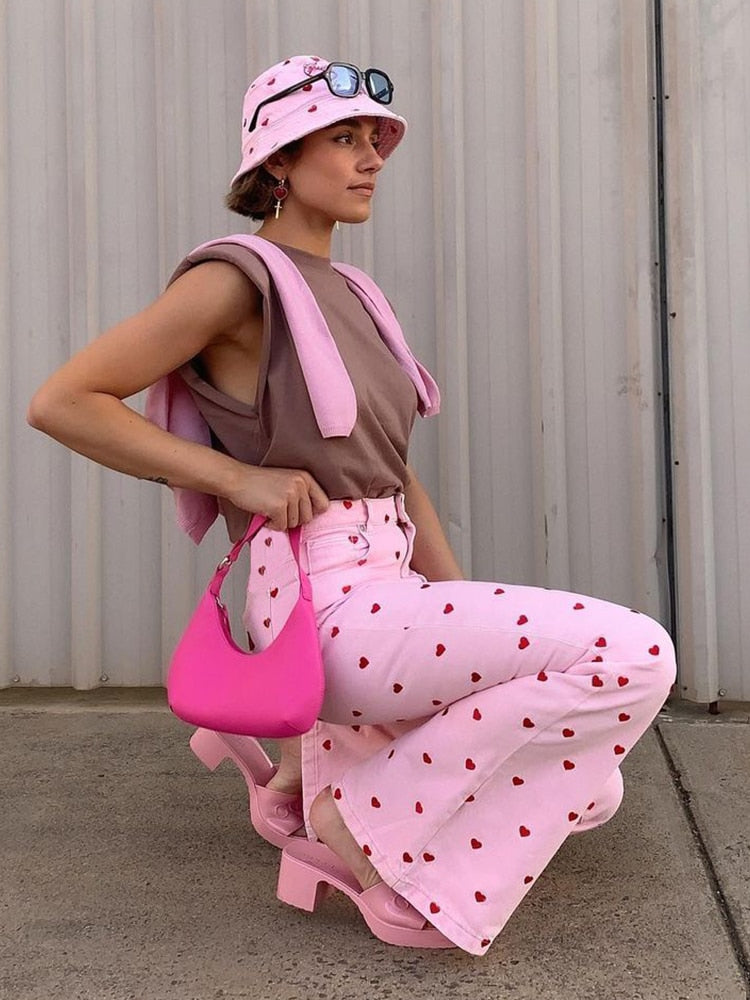 Sixsr  Fashion Trends Y2K Pink Pants Heart Printed Sweet Trousers Vintage Aesthetic Party Pants Pockets Joggers Festival Outfits Women New