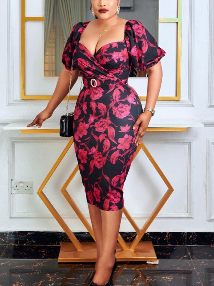 Women Summer Printed Bodycon Dresses Puff Short Sleeve Wrapped High Waist Fitted Midi Dress with Belt Office Party Clothes