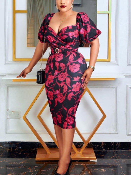 Women Summer Printed Bodycon Dresses Puff Short Sleeve Wrapped High Waist Fitted Midi Dress with Belt Office Party Clothes