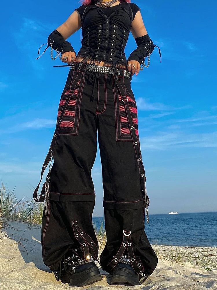 sixsr Fashion Trends Gothic Chain Bandage Wide leg Pants Women Oversize Low Rise Dark Academic Trousers Streetwear 90s Baggy Pant Punk Style