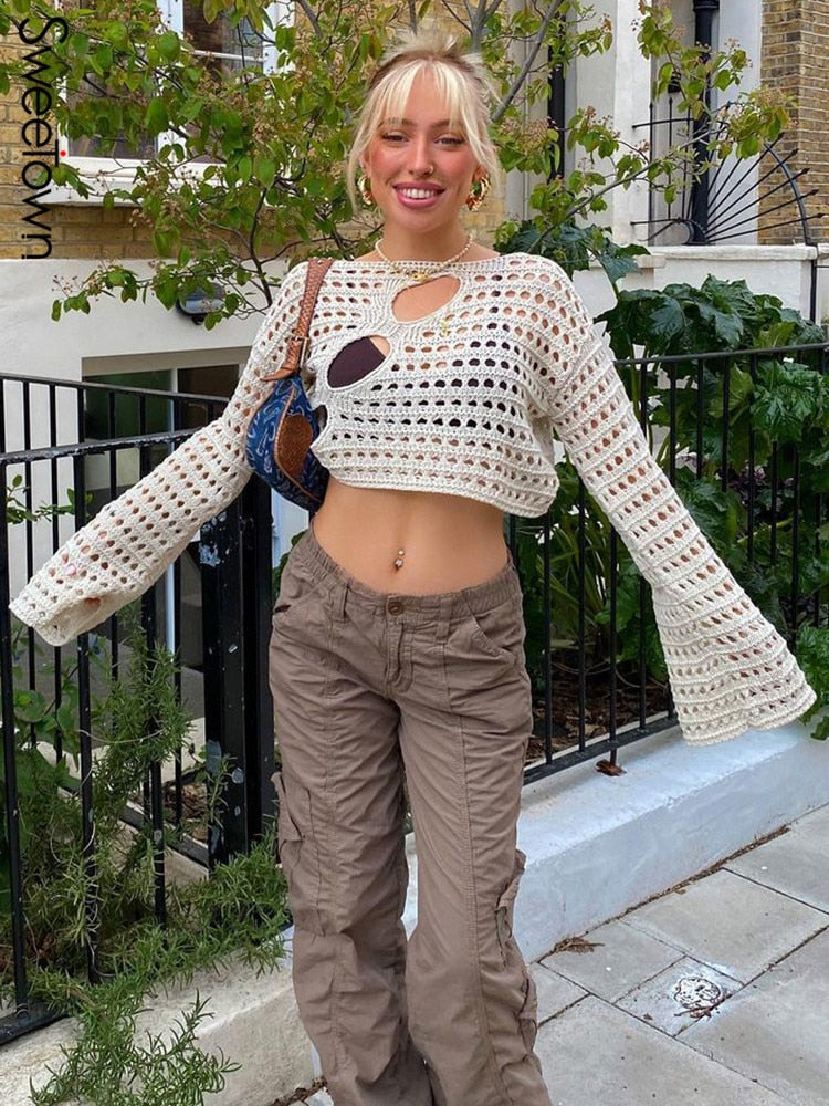 sixsr Hot Sell Irregular Hollow Out Knitted Y2K T-Shirts Women Summer Vacation Clothes O Neck Flare Sleeve See Through Casual Tops