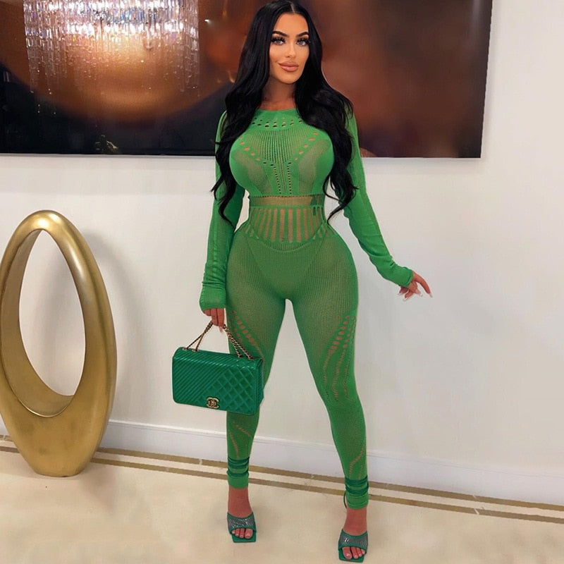 sixsr Hollow Out Knitted Mesh Jumpsuits Women Sexy See Through Long Sleeve Hipster Stretchy Skinny Overalls Clubwear Romper