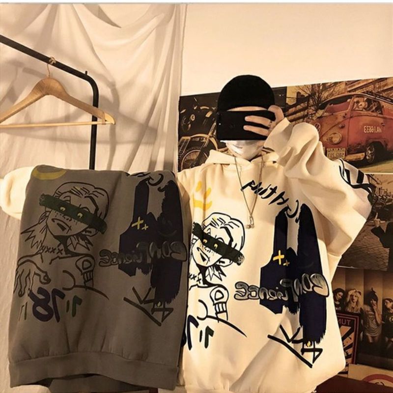 Sixsr Autumn and winter Korean style trend plus fleece hooded sweater men graffiti hip-hop all-match loose printed coat couple sweater
