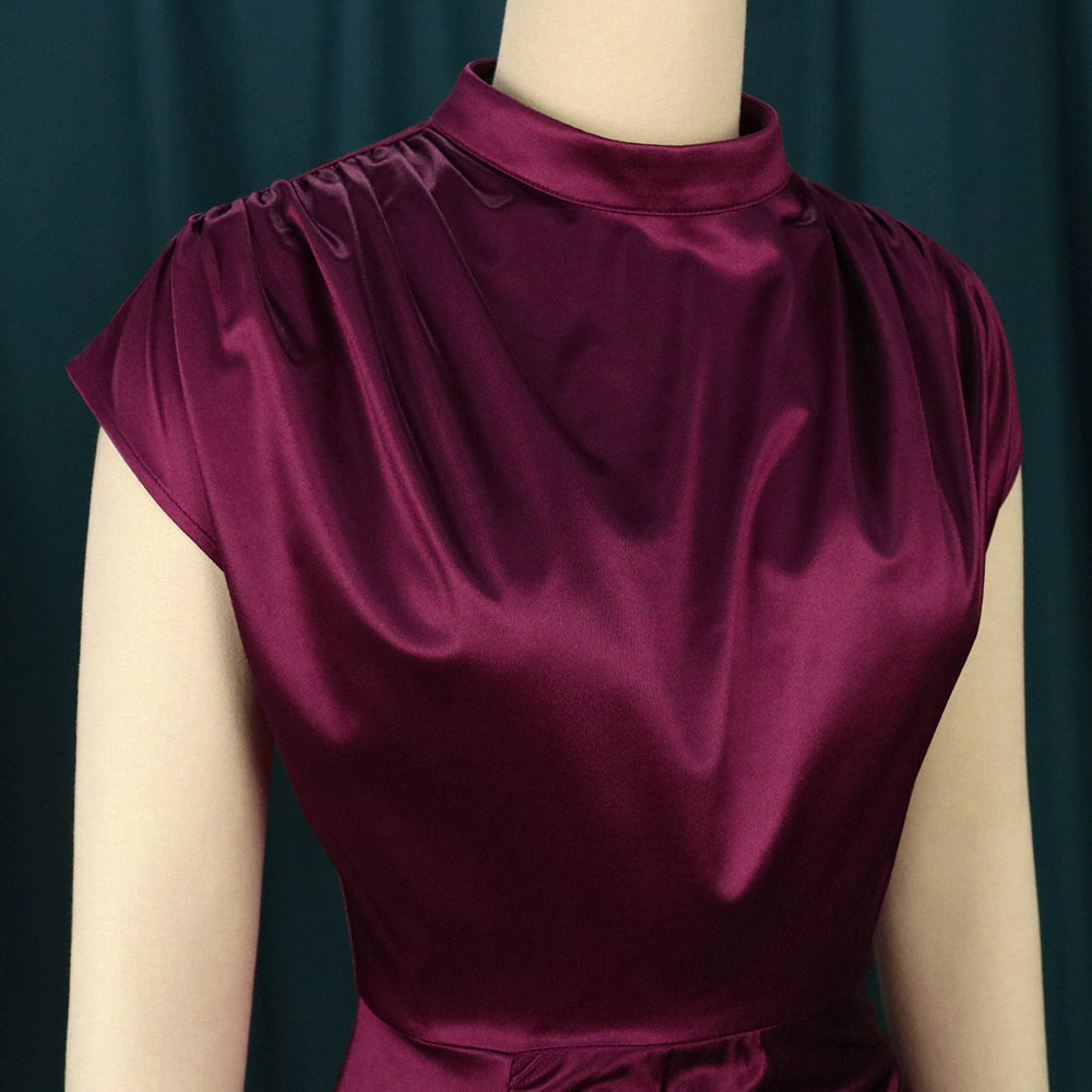 sixsr Women Dress Pleated Long Wine Red Elegant Slit High Collar Slim Fit Sleeveless Maxi Robes Female Shiny Gowns Party  Spring