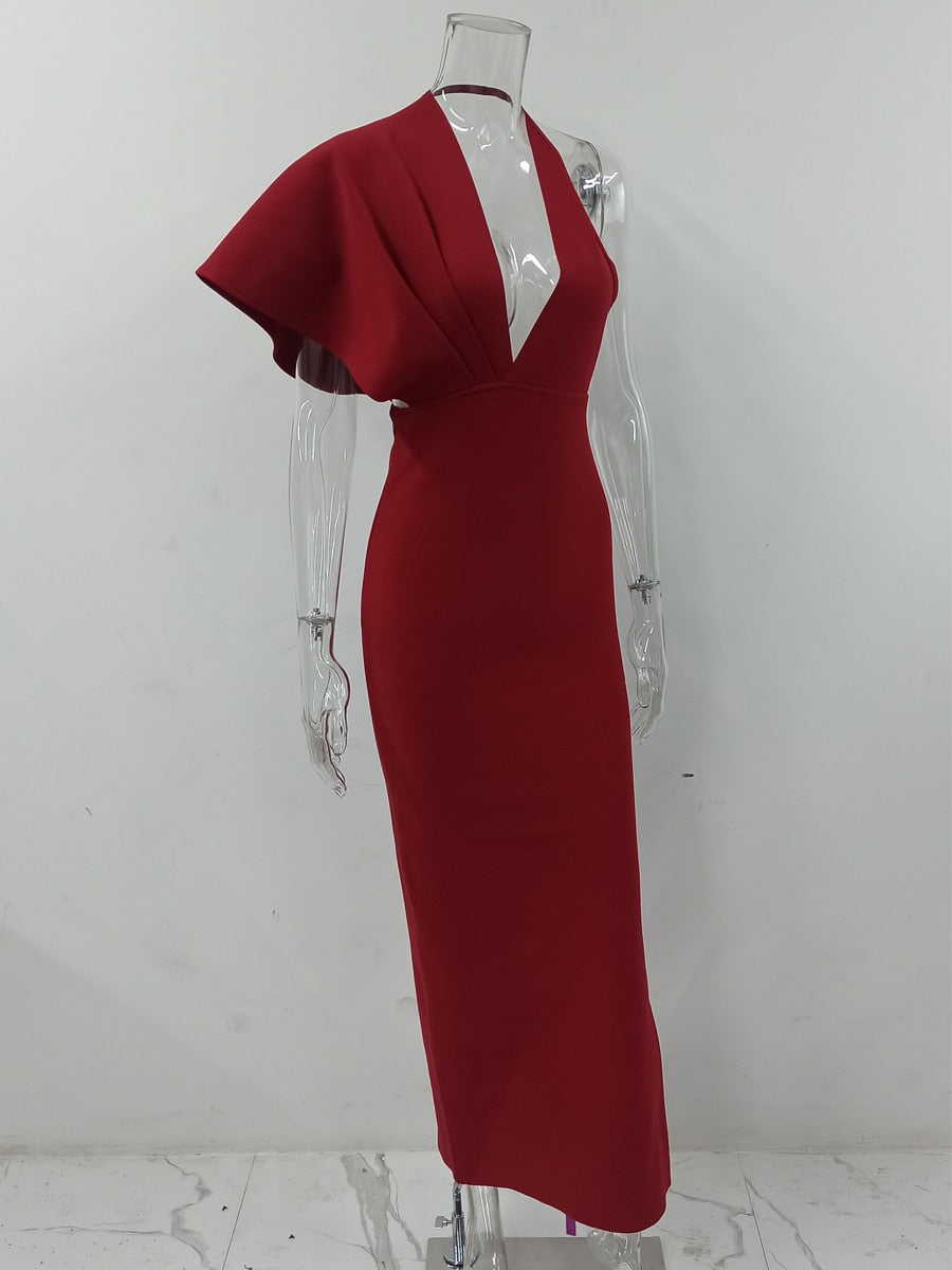 Fashion Trends Draped Backless Women Side Split Evening Club Party Dress New Sexy V Neck Orange Black Long Bandage Dress Vestidos