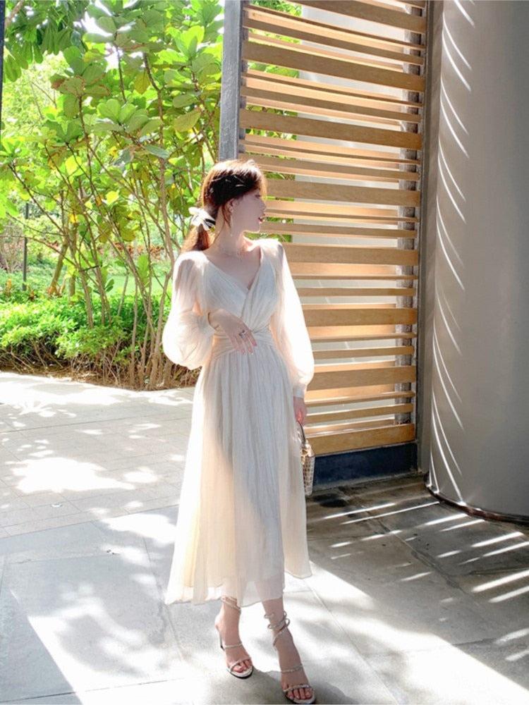 Summer French Elegant Party Dress Women Long Sleeve Casual Fairy Midi Dress Evening Vintage One Piece Dress Korean Fashion