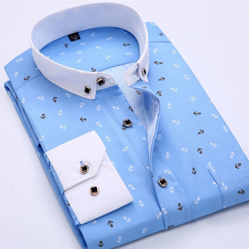 Sixsr New Men Fashion Casual Long Sleeved Printed Shirt Brand Men Clothing Slim Fit Male Social Business Dress Shirt  Soft Comfortable