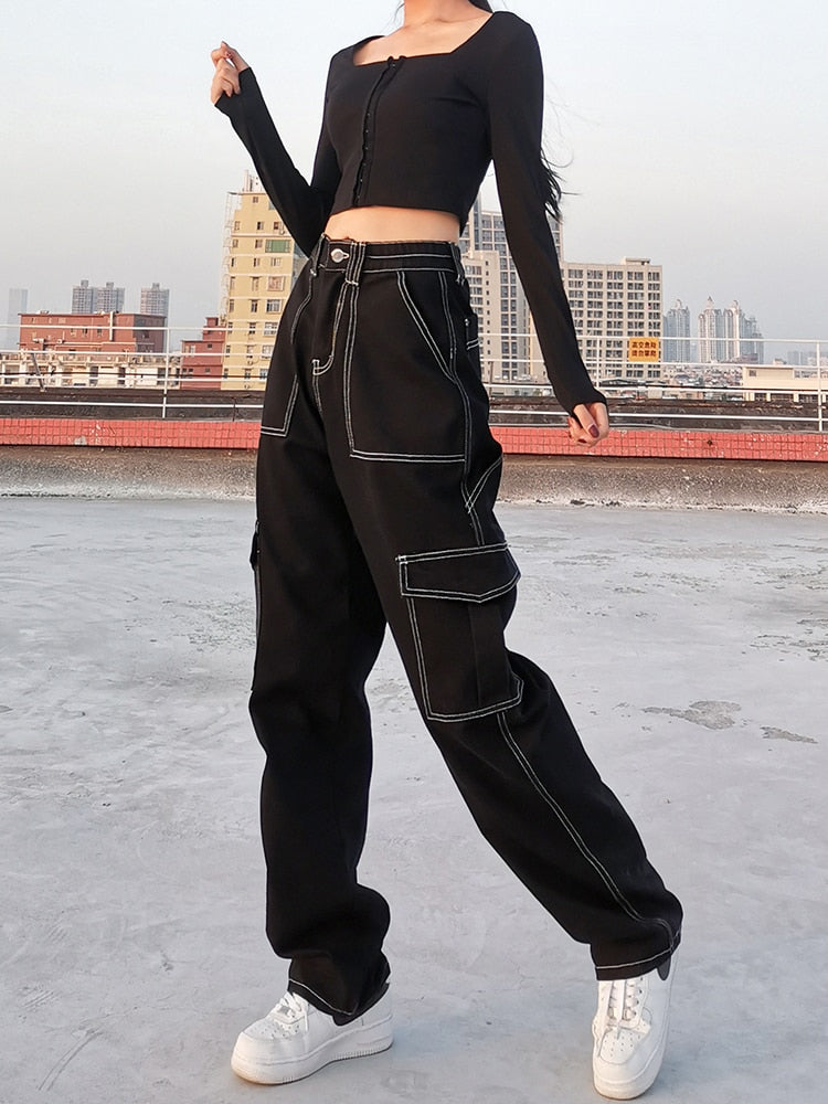 Sixsr Womens Fashion Trends Pockets Patchwork Baggy Jeans Fashion Streetwear 100% Cotton Women Denim Trouser Loose Cargo Pants Korean Jeans Harajuku
