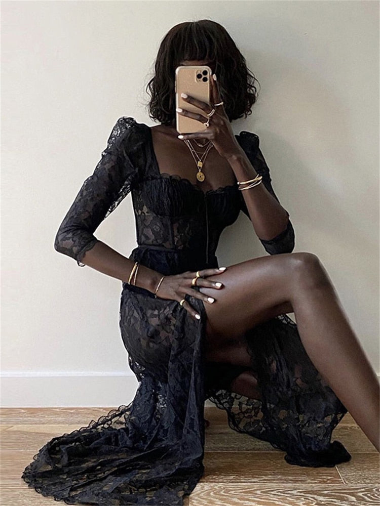 Sixsr Summer Sexy Party Split Lace Bodycon Woman Maxi Dress Club Square Collar Black Elegant Women's Dresses