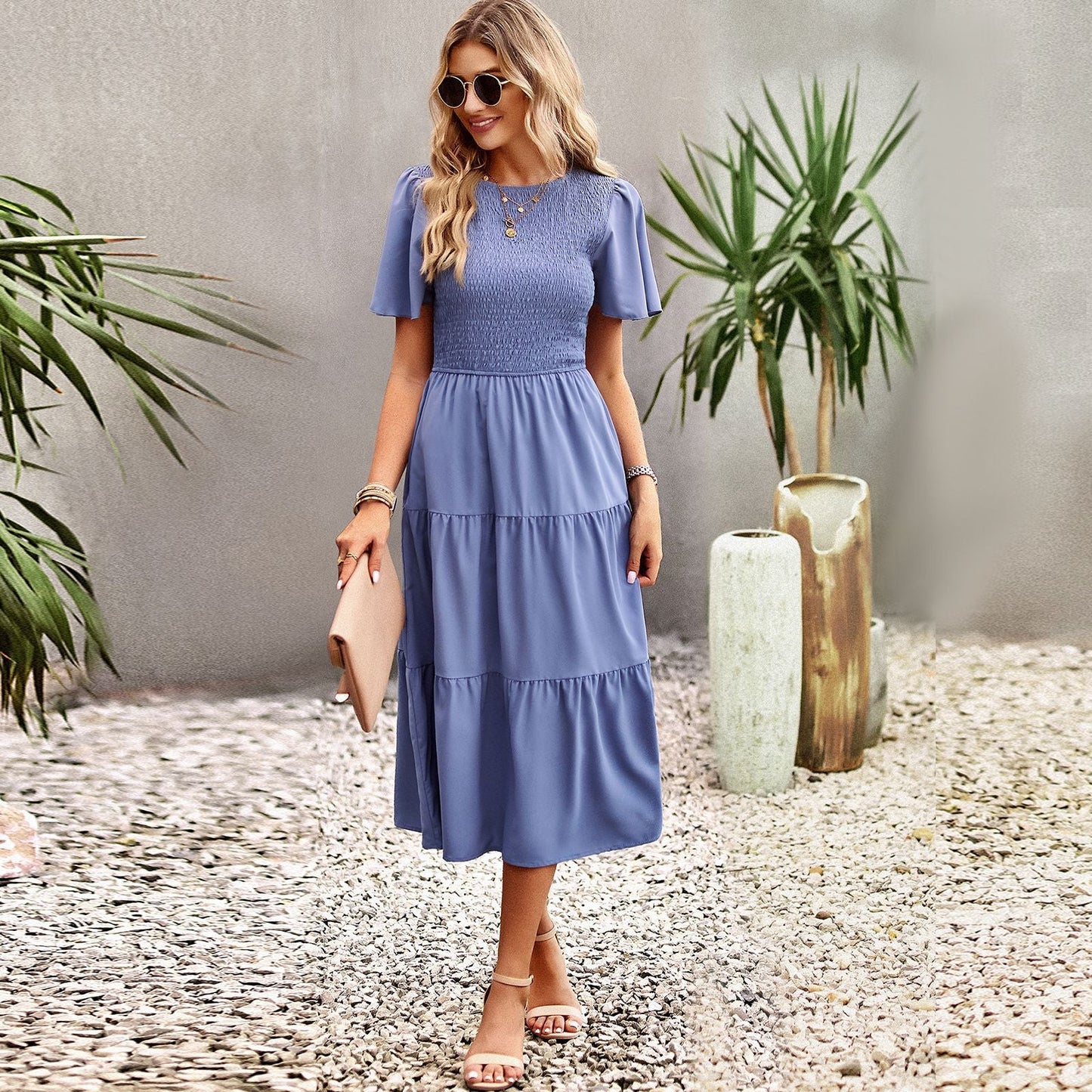 Spring Casual O Neck Lantern Sleeve Dress Women Loose Elegant Solid A-line Dress Lady Simple High Waist Klein Blue Dress