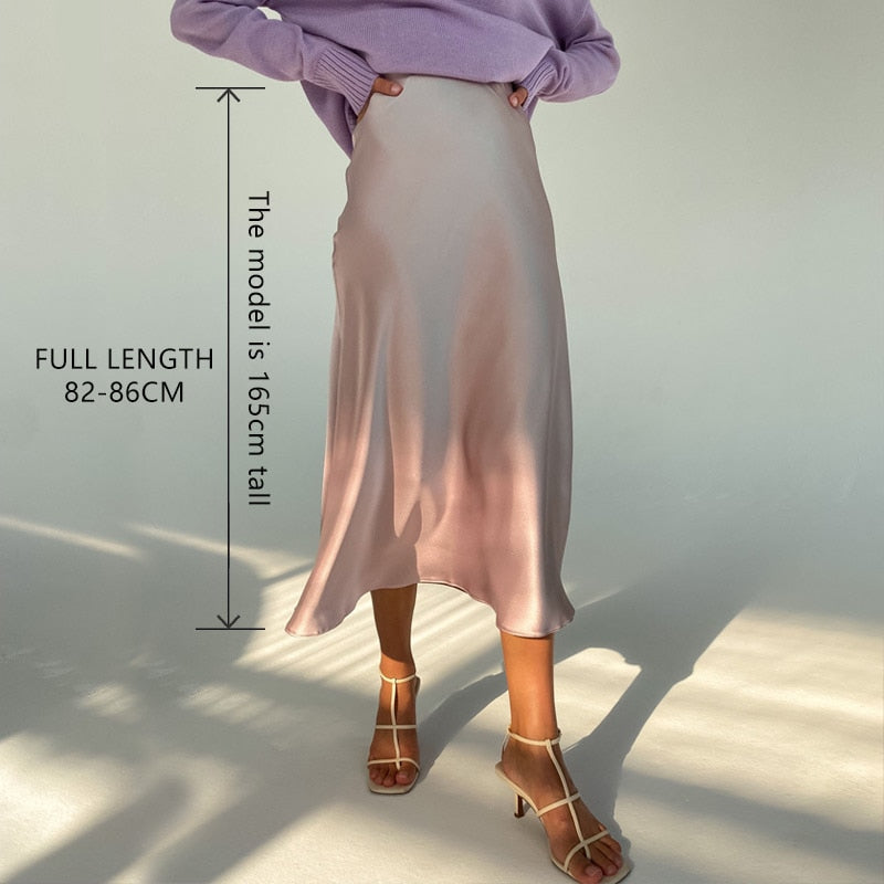 Women High Waisted Skirt Silk Satin Skirts A-Line Elegant Skirts Summer Pink Midi Skirt New Korean Style pencil skirt