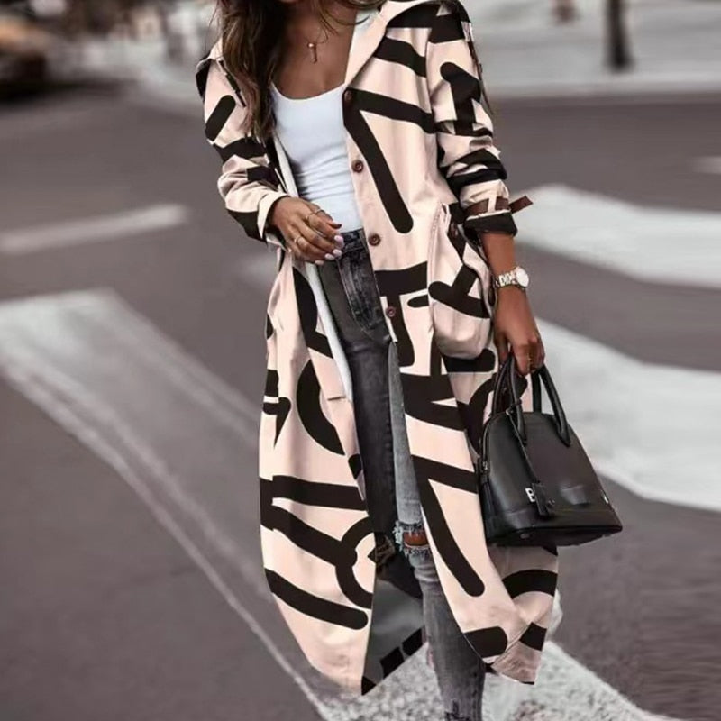 Women's Khaki Striped Plaid Contrast Long Trench Coat