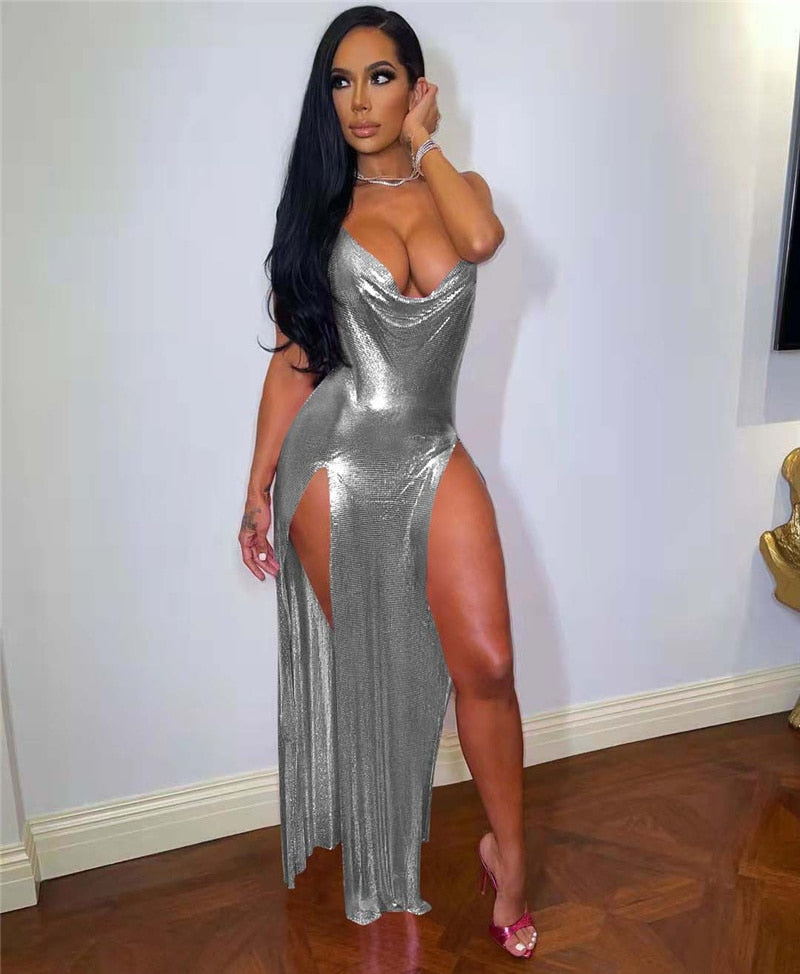 sixsr Sexy Glitter Metallic Off Shoulder Evening Dresses Women Night Party Festival Outfits Backless Side Split Long Dress Clubwear