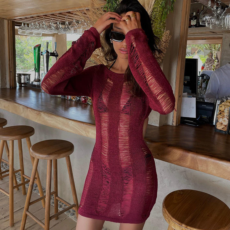 sixsr Fashion Trends Round Collar See Through Dress Women Sexy Long Sleeve Elegant Beachwear Hollow Out Backless Knitted Female Dress Summer