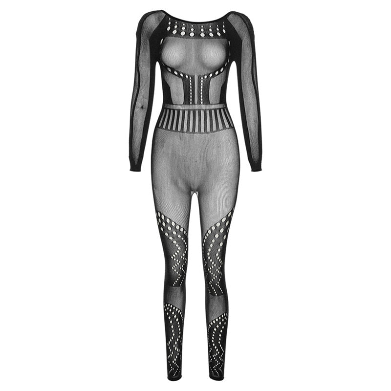 sixsr Hollow Out Knitted Mesh Jumpsuits Women Sexy See Through Long Sleeve Hipster Stretchy Skinny Overalls Clubwear Romper