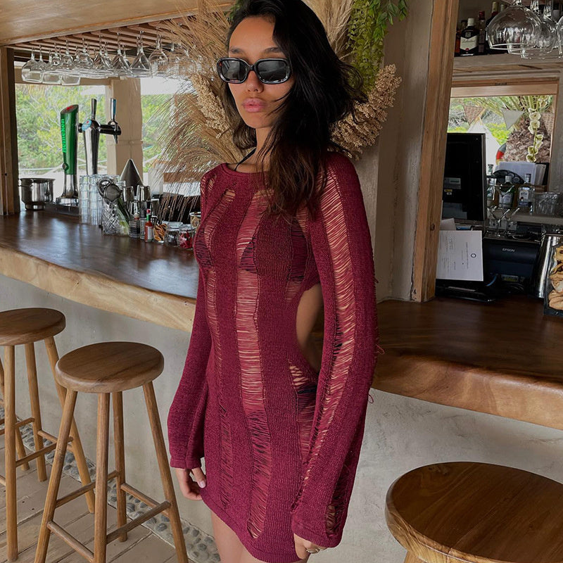 sixsr Fashion Trends Round Collar See Through Dress Women Sexy Long Sleeve Elegant Beachwear Hollow Out Backless Knitted Female Dress Summer