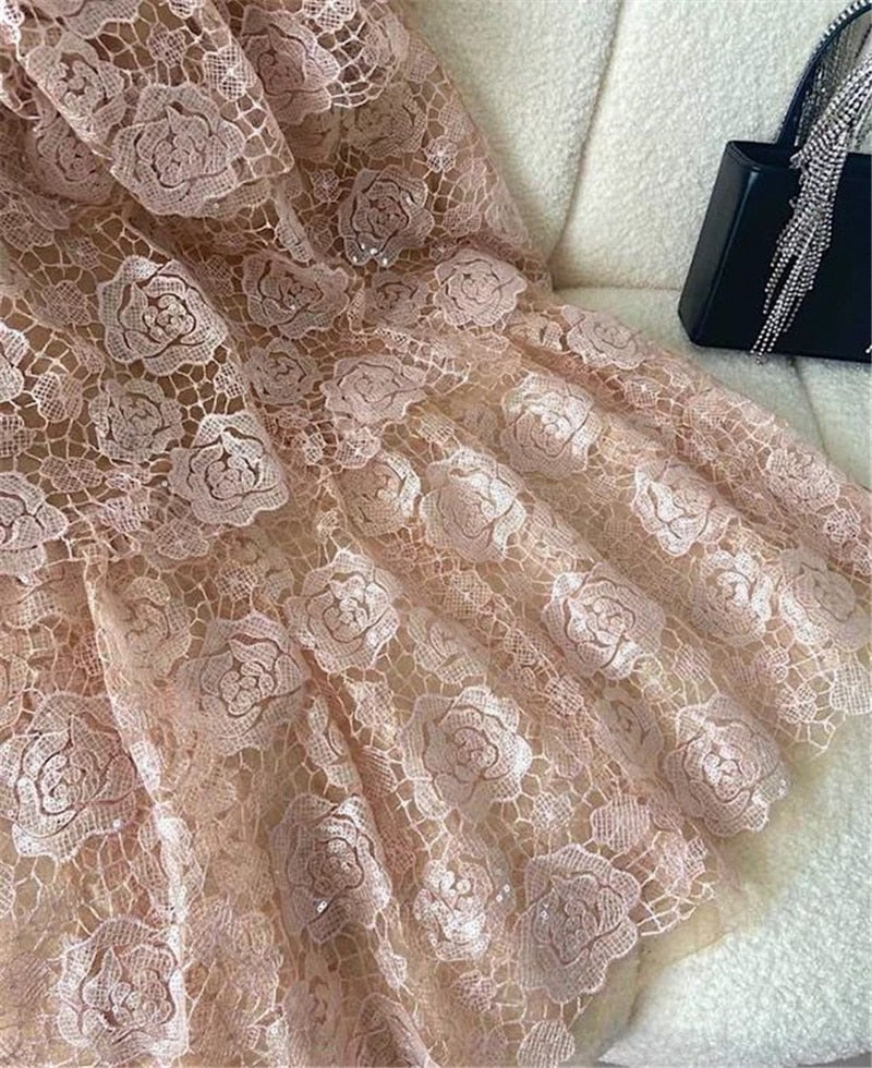 Summer Pink Women Lace Gauze Dress Mesh Tulle V Neck Bow Tie Rose Embroidery Midi Long Sequin Dress Evening Robe Quality