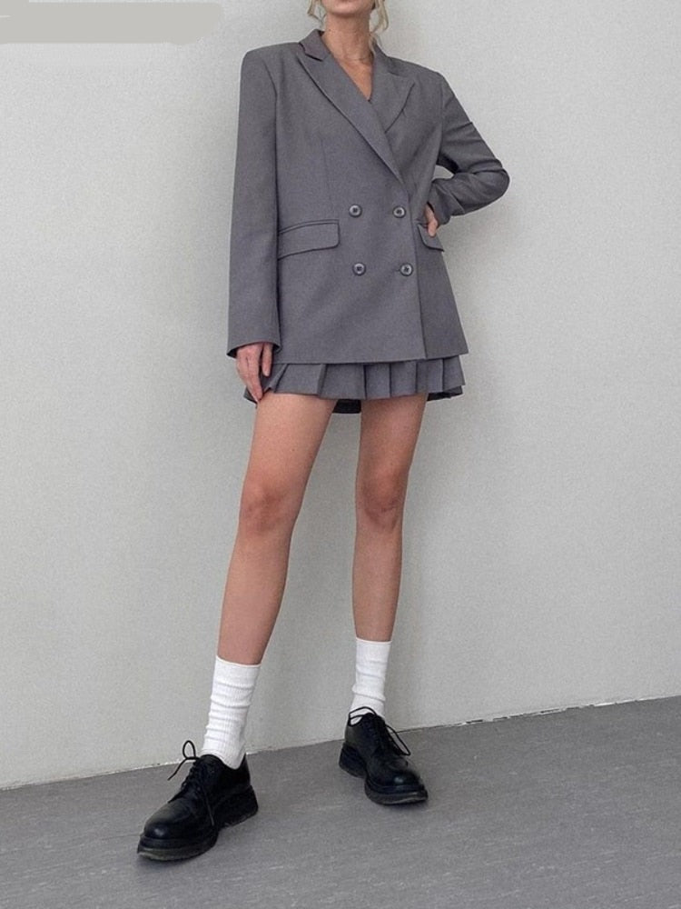 sixsr Suits and Pleated Skirts 2 Piece Set Women  Spring Autumn Elegant Solid Outfits Sets Female Office Ladies Blazer Suit