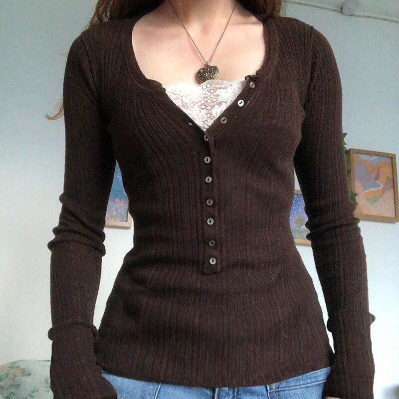 sixsr Womens Fashion Button Up Fairy Grunge Aesthetic Casual T-shirts Retro Y2k Ribbed Lace Patchwork Women Tops Long Sleeve Skinny Blouses