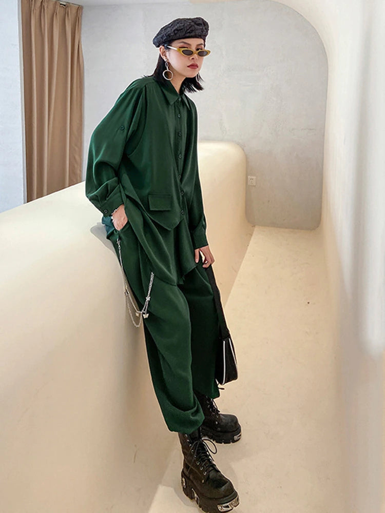 sixsr Wide Leg Pants Irregular Big Size Two Piece Suit New Lapel Long Sleeve Loose Fit Women Fashion Spring Autumn