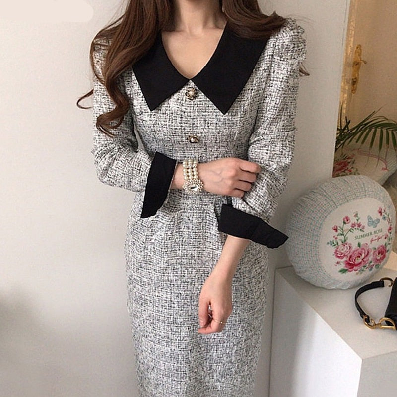 Sixsr Women Long Tweed Dress Autumn Retro Temperament Contrast Color Lapel Pleated Lace Waist Thinner Thicker Dresses Female