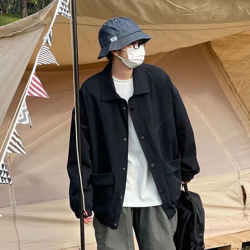 2024 Men's Japanese Vintage Lapel Collar Cargo Jackets Work Clothes Harajuku Loose Casual Coats Solid Color Outerwear M-2XL
