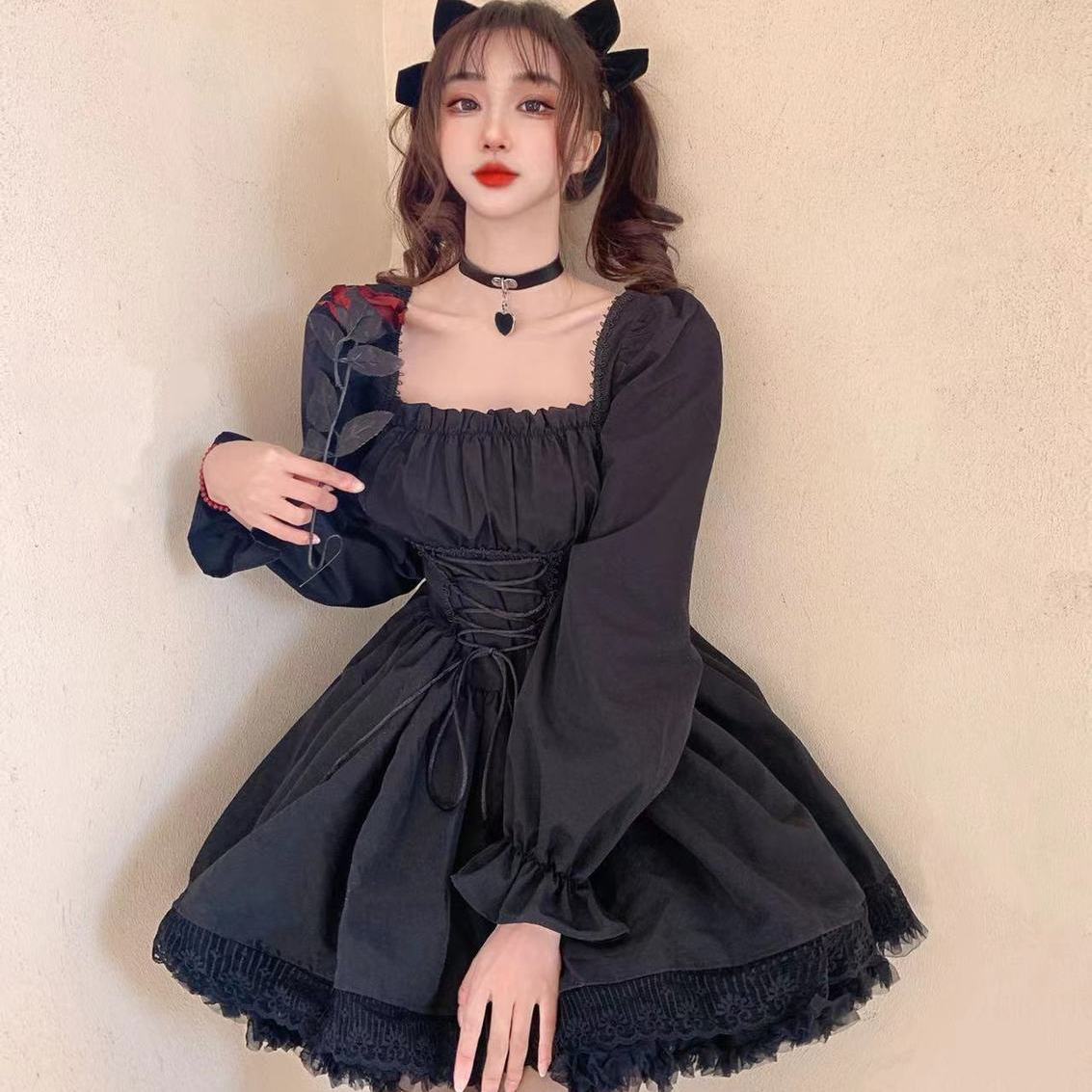 sixsr Womens New Trends White Lolita Dress Kawaii Vinatge Long Sleeve Mini Dresses Black Gothic Bandage Lace Patchwork Streetwear Square Collar