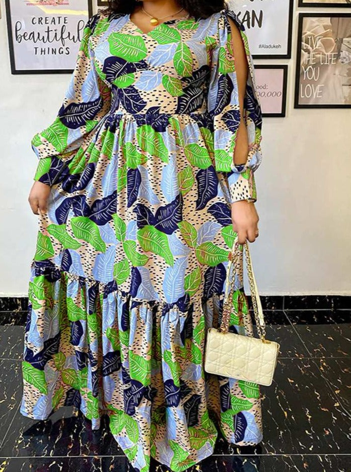 Summer Party Long Maxi Dress Women Long Sleeve Slit Vintage Printed Pleated Bohemian Beach Sundress Casual Vestido
