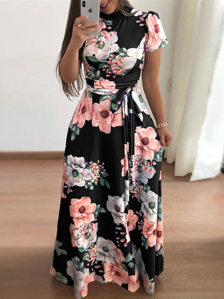 Sixsr Women Summer Long Dress Casual Long Sleeve Boho Floral Print Maxi Dress Turtleneck Bandage Elegant Party Dresses Vestidos