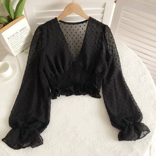Sixsr Women Fashion Spring Women Sweet Spot Blouse Ladies Fashion Chiffon Pullover Shirt V-neck Slim Long Puff Sleeve Folds Tunic Short Top