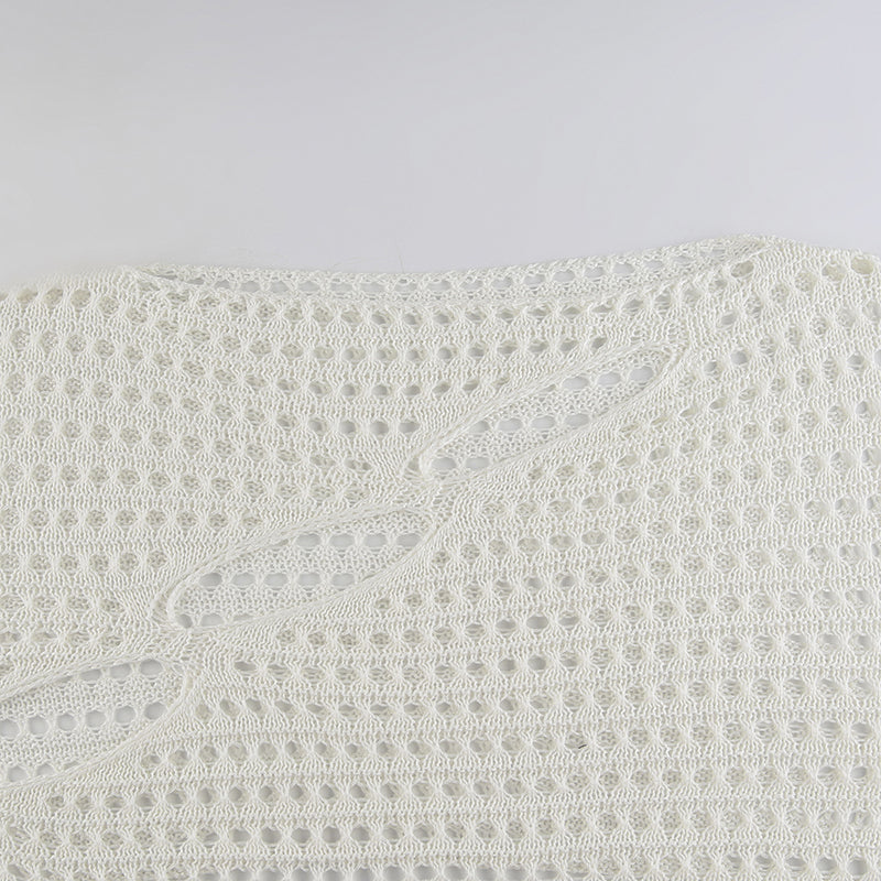 sixsr Hot Sell Irregular Hollow Out Knitted Y2K T-Shirts Women Summer Vacation Clothes O Neck Flare Sleeve See Through Casual Tops