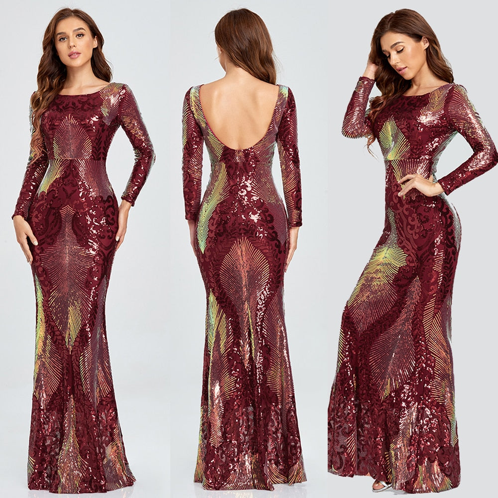 sixsr Hot Sale O-neck Long-Sleeve Shinning Sequins Evening Dresses Sexy Backless Mermaid Party Gowns Maxi Elegant Multi Female Robes vestidos