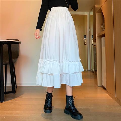 Spring/Autumn Women Skirts High Waist Student Korean Style Dark Vintage Ruffle Long A-line Skirts Women Fashion
