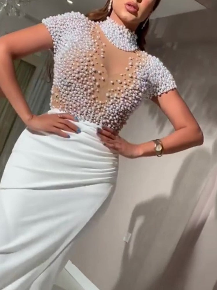 Sixsr Women Sexy Dress Transparent Tulle with Bead Tops Patchwork Slit Party Dresses Short Sleeves Female Summer Night Date Out