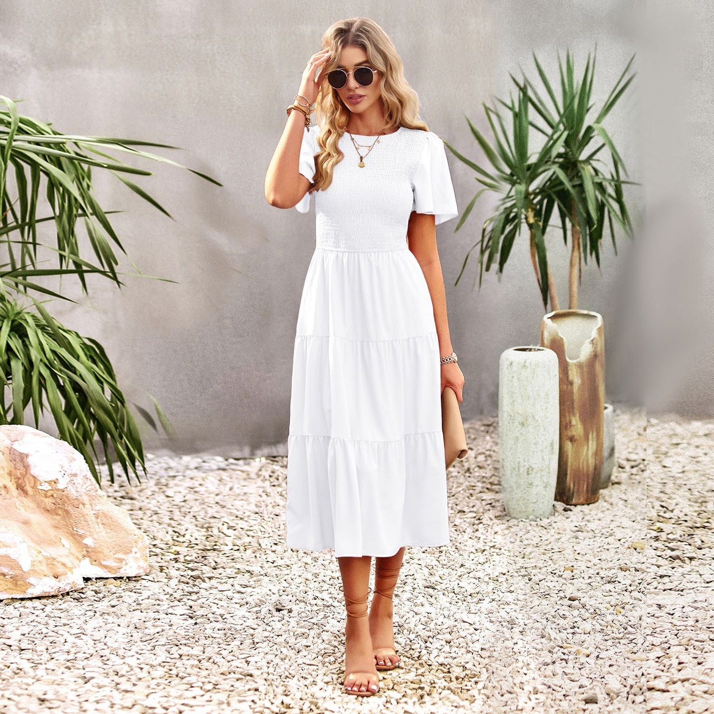 Spring Casual O Neck Lantern Sleeve Dress Women Loose Elegant Solid A-line Dress Lady Simple High Waist Klein Blue Dress
