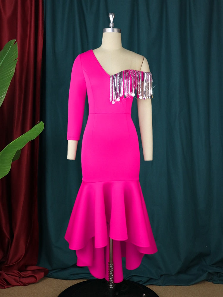 Party Wear Maxi Dresses for Women One Shoulder Sequins Tassel Pink High Low Mermaid Formal Evening Wedding Guest Gown 4XL