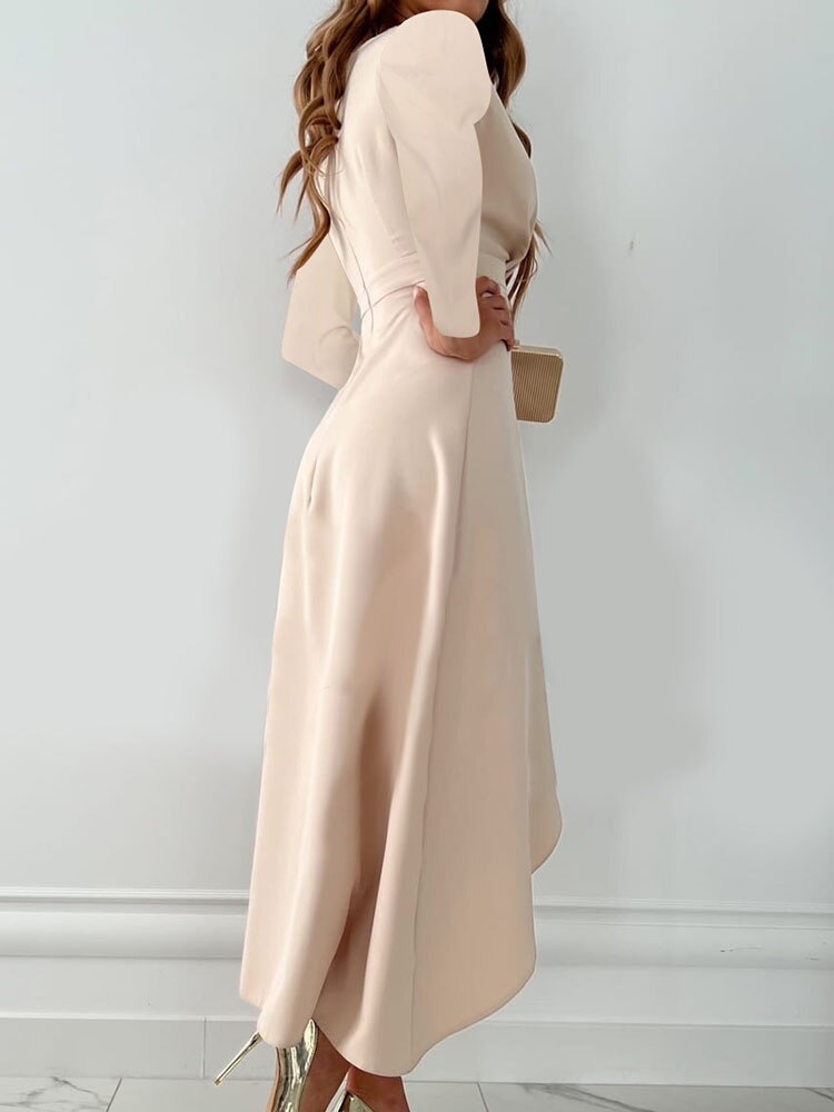 Women Casual Long Sleeve Fashion Solid Long Dress Autumn Winter Sexy V-neck Elegant Office Lady Irregular Dresses Female