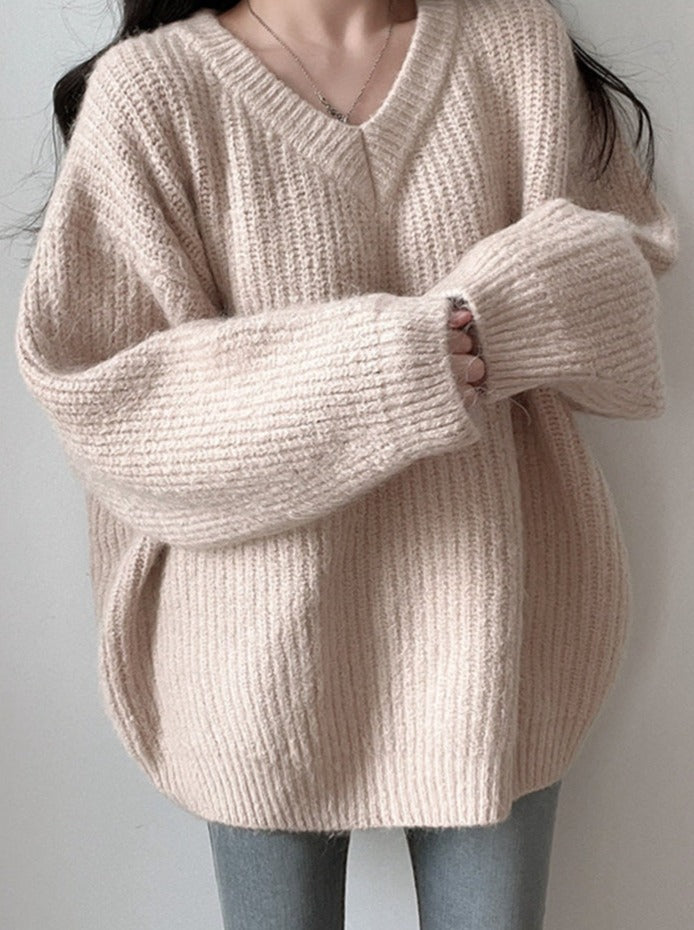 Green Oversized Sweaters for Women Fall Winter Korean Fashion Long Loose Pullovers V Neck Long Sleeve Jumpers
