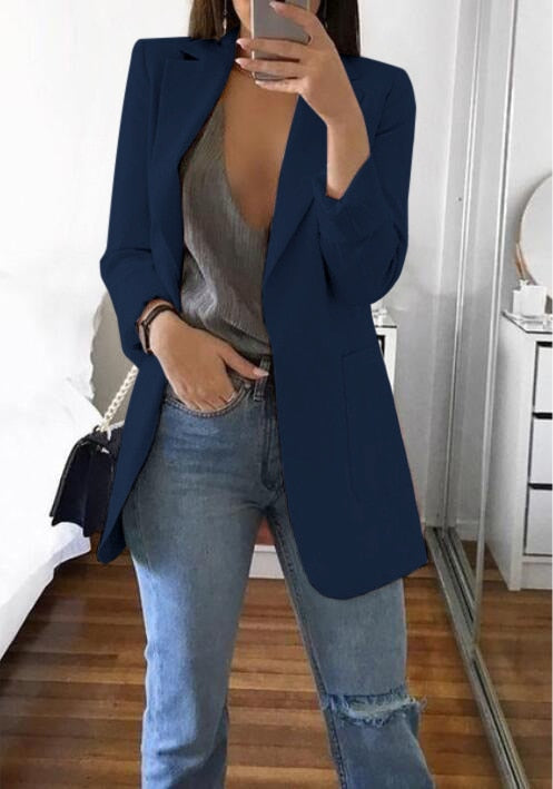 Fashion Korean Casual Women's Blazer Spring Autumn Long Blazer Women Suit Outwear Slim Coats Office Ladies Blazer Work Jacket