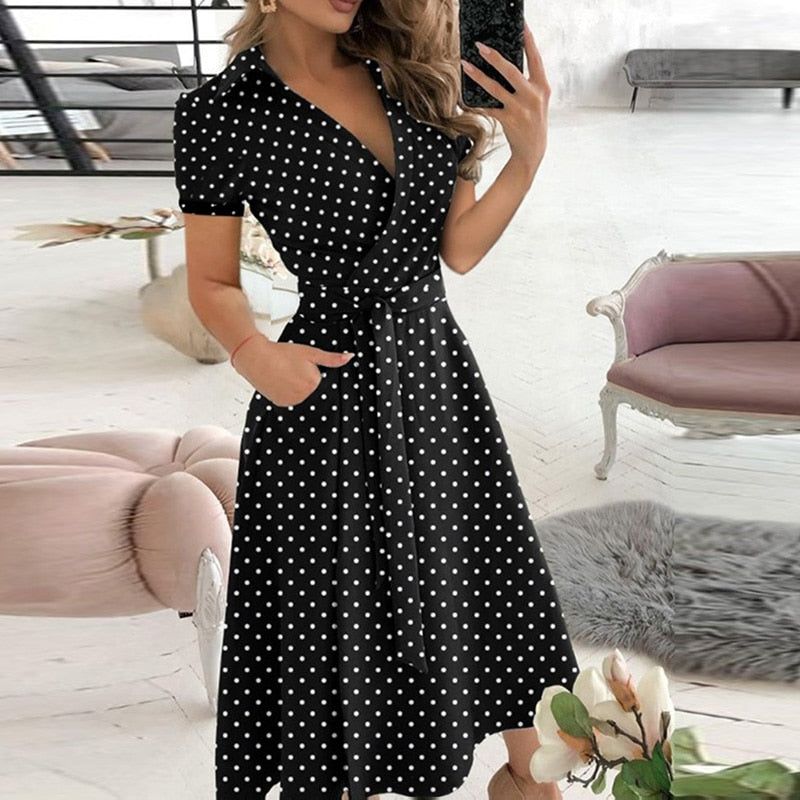 v neck long sleeve spring summer printed dress