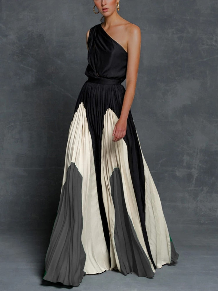 sixsr Summer Black Patchwork Inclined Off One Shoulder Women Dresses Contrast Color High Street Night Club Long Party Dress Clothing