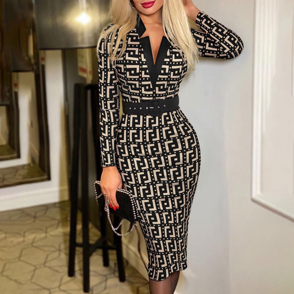 Sixsr Spring Outfits  Trends Office Lady Long Sleeve V-neck Maxi Dress Spring Autumn Vintage Print Slim High Waist Belted Vestidos De Mujer Elegant Dresses