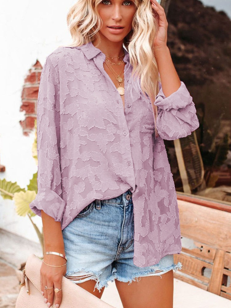 Women's Cotton Shirt Blouse Women Elegant Spring Candy Colors Basic Top Turn-down Collar Long Sleeve Solid Button Blouses