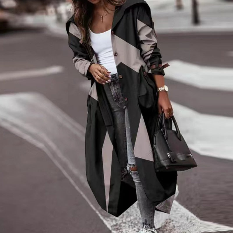 Women's Khaki Striped Plaid Contrast Long Trench Coat